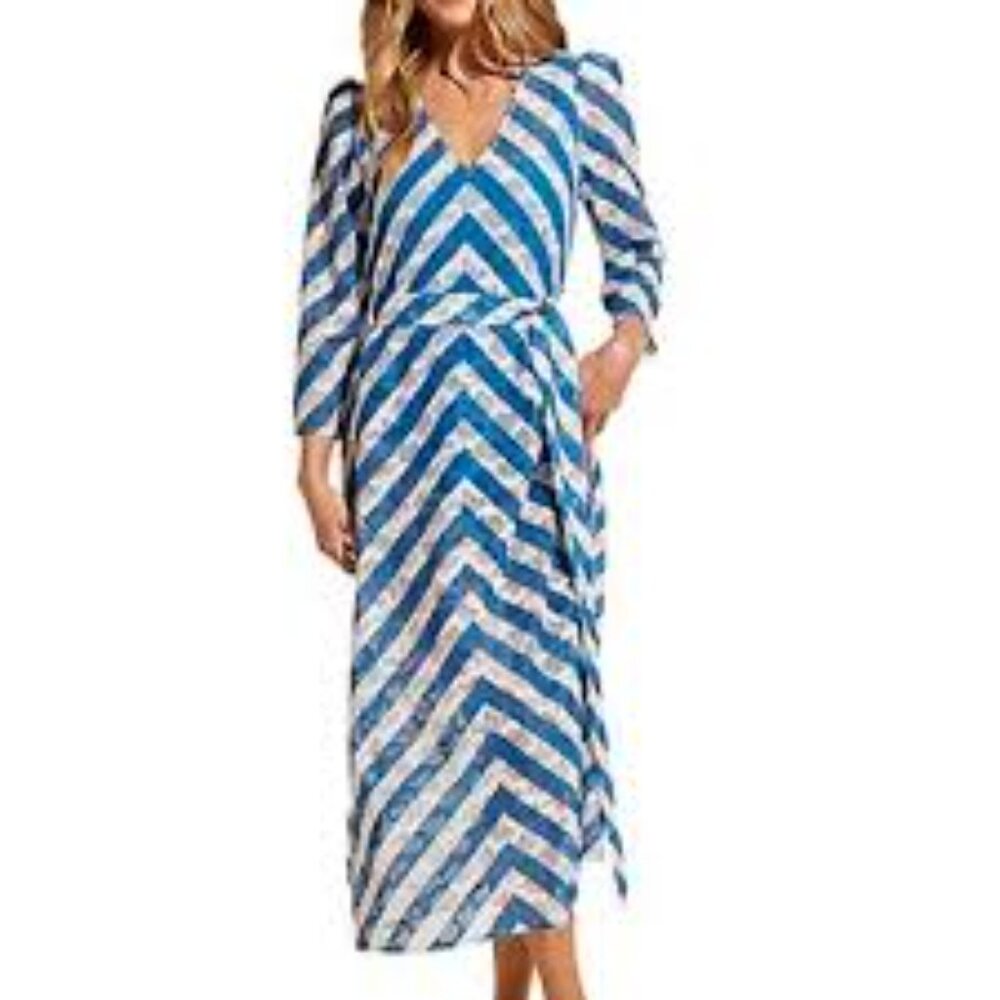 STYLEST AQUALACE Striped Chevron Puff Sleeve Belted Swim Cover-Up Dress M NWT‎